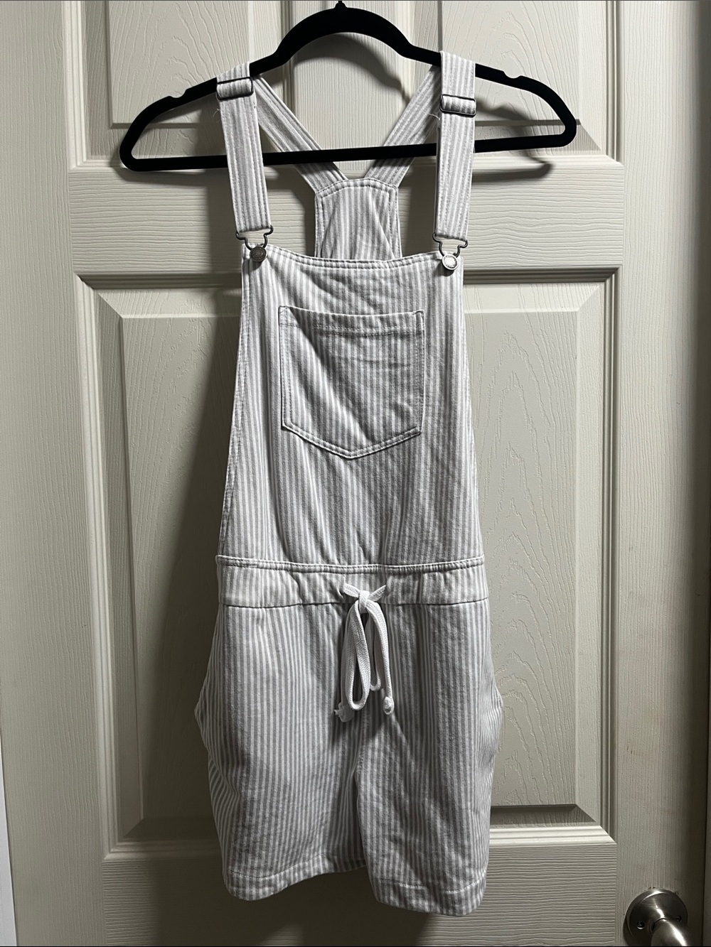 Wallflower White and Gray Striped Short Overalls Jumpsuit